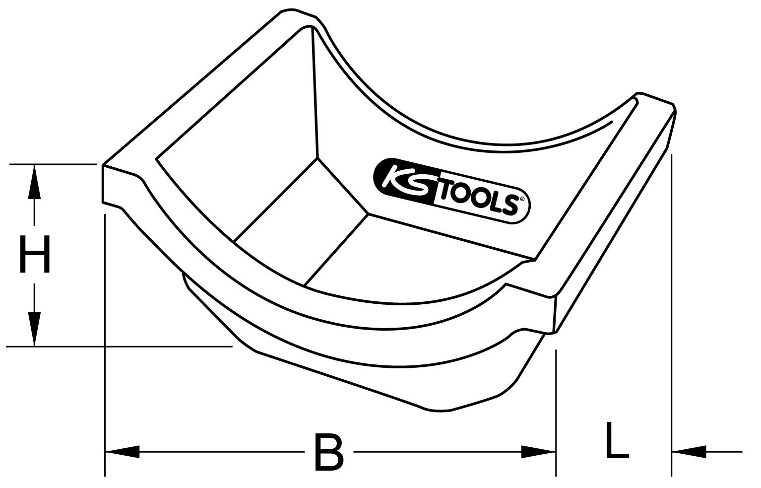 Technische Zeichnung einer Abstützung für runde Objekte von KS Tools, zeigt Maße H (Höhe), B (Breite) und L (Länge).