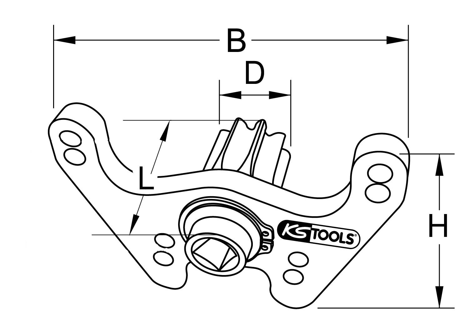 Technische Zeichnung eines KS Tools Bauteils mit Angaben zu Breite (B), Höhe (H), Tiefe (D) und Länge (L).