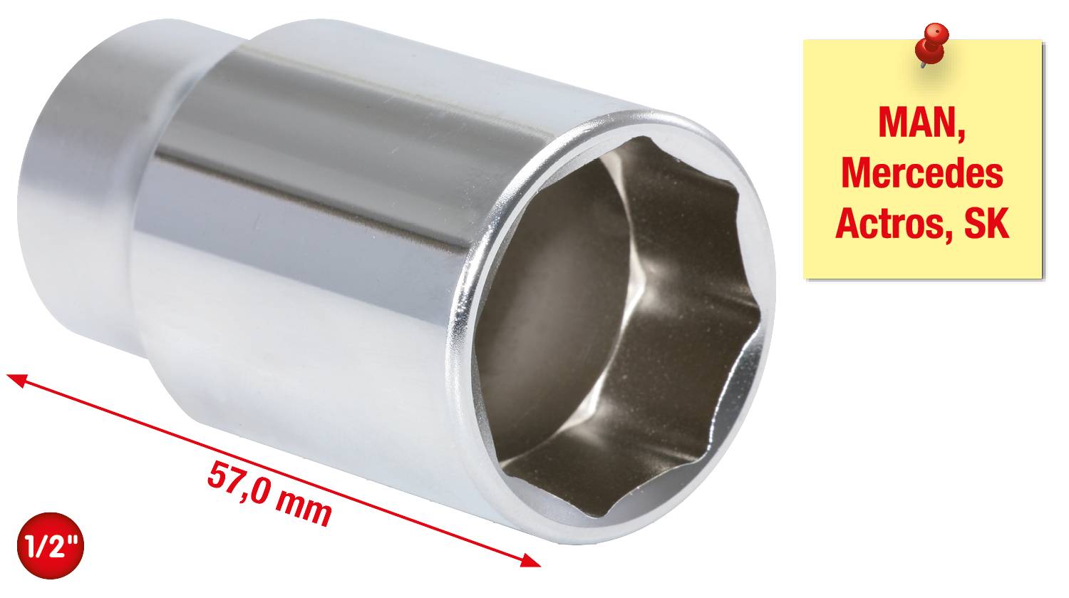 Sechskant-Steckschlüssel, Größe 57,0 mm, für MAN, Mercedes Actros, SK. Hinweis ohne zusätzliche Dekoration oder Kontext.