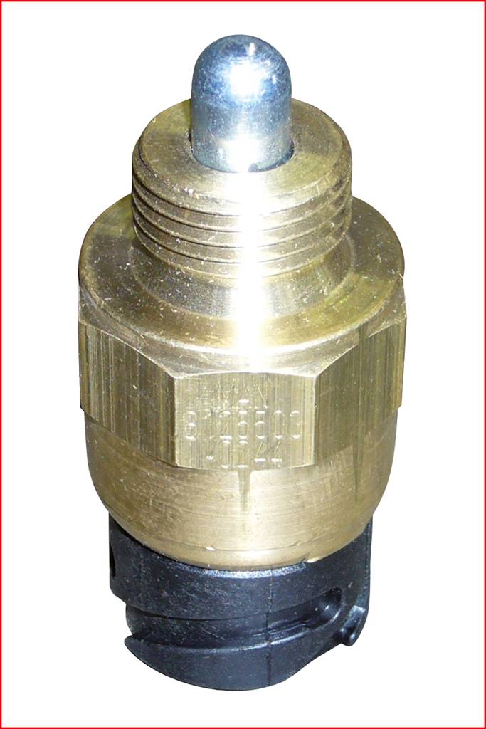 Ein Messingtemperatursensor mit schwarzem Kunststoffstecker und Metallkuppe, wahrscheinlich für den Einsatz in Fahrzeugmotoren.