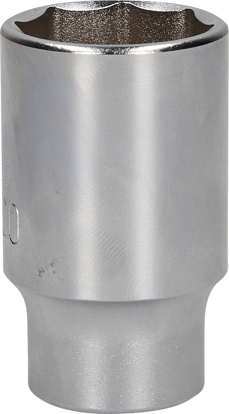 Eine silberne Stecknuss aus Metall, zylindrisch geformt mit sechseckiger Öffnung, verwendet zum Festziehen von Schrauben und Muttern.