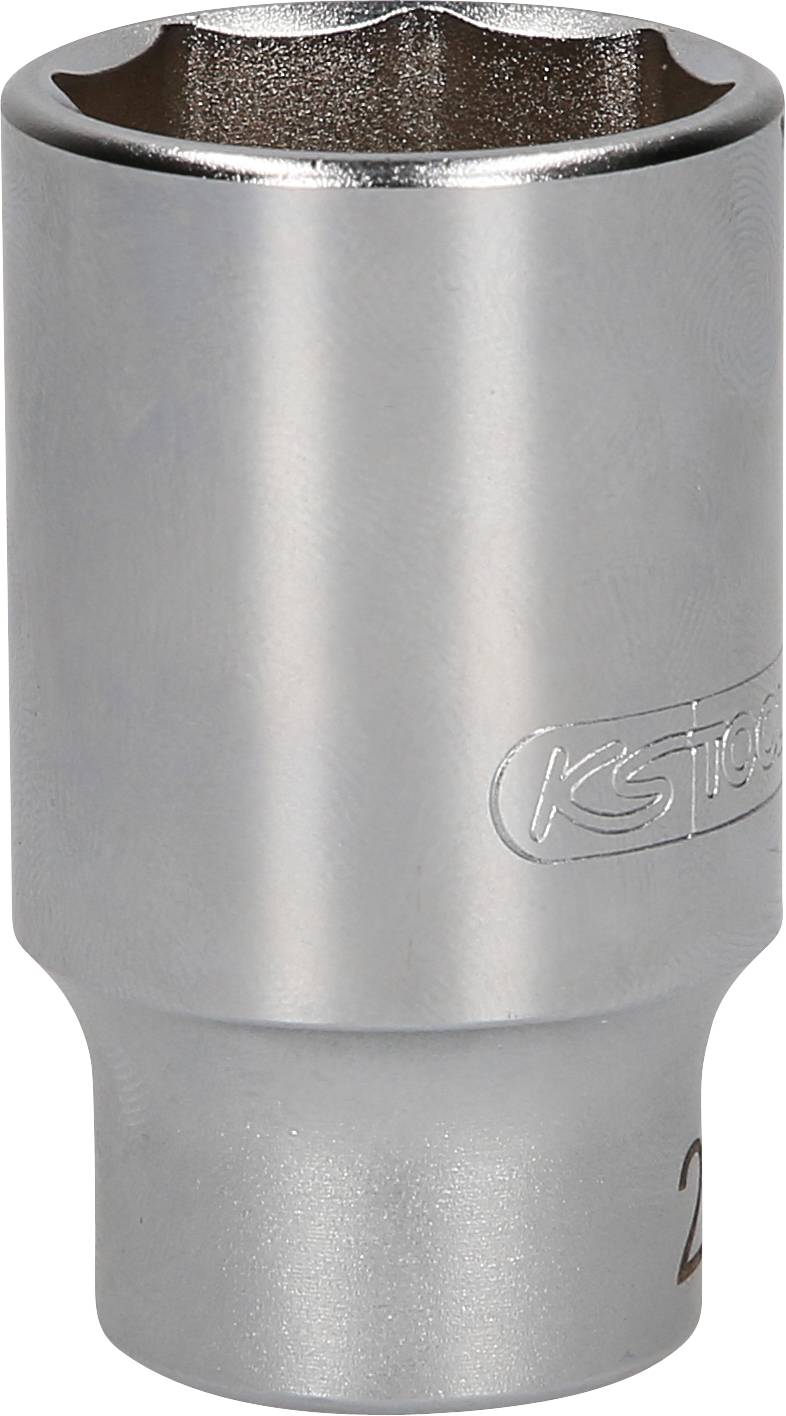 Stecknuss mit silbernem Finish und KS-Tools-Logo, seitliche Ansicht, verwendet für Schraubarbeiten.