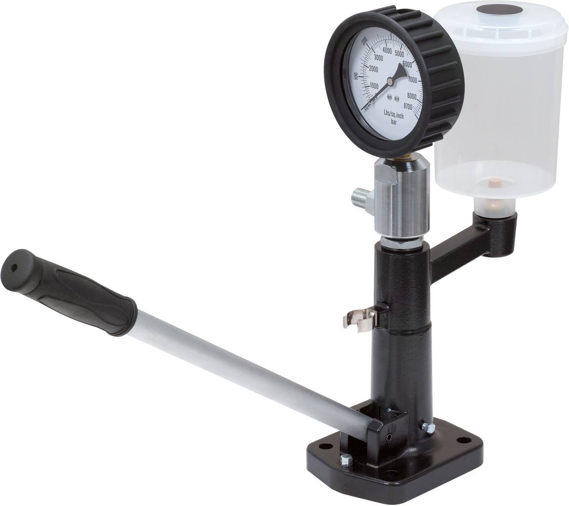 Analoges Manometer mit Hebel und durchsichtigem Behälter zur Druckmessung.