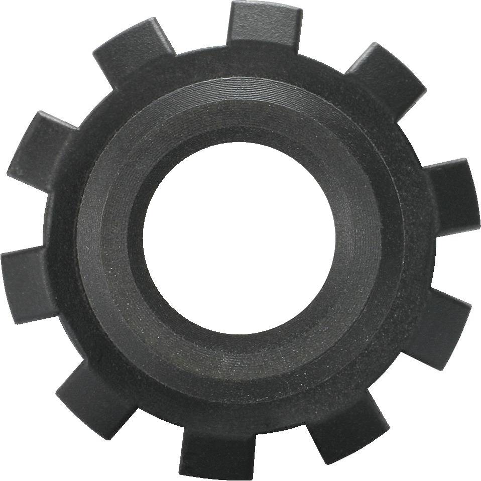 Ein schwarzes Zahnrad mit zehn gleichmäßig verteilten Zähnen.