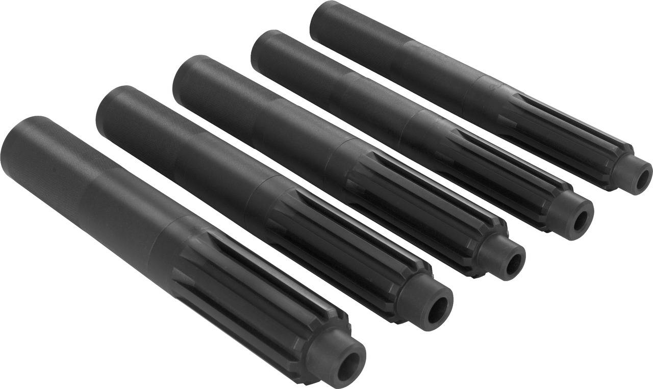 Fünf schwarze Metallteile, nebeneinander angeordnet, mit runden Enden und zylindrischem Design. Möglicherweise Maschinenteile oder Werkzeuge.