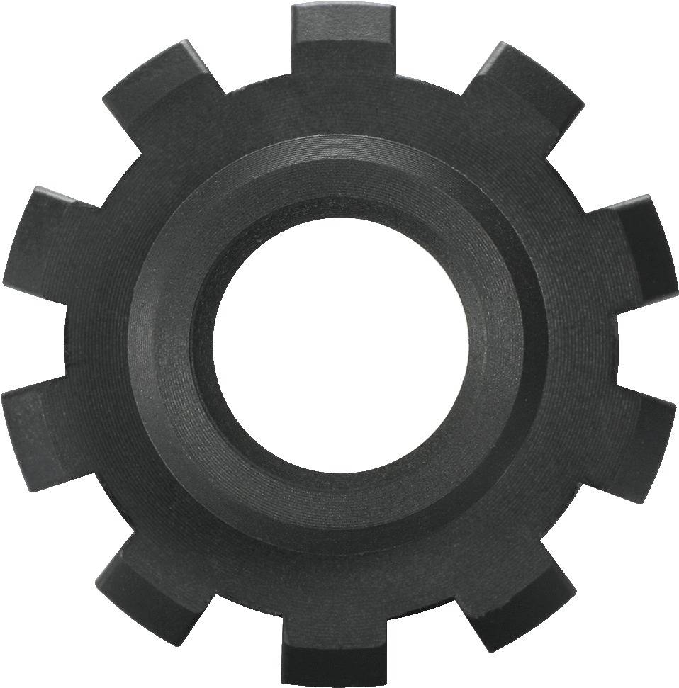 Ein schwarzes Zahnrad mit acht gleichmäßig verteilten Zähnen. Es ist aus Metall und zeigt keine sichtbaren Beschädigungen.
