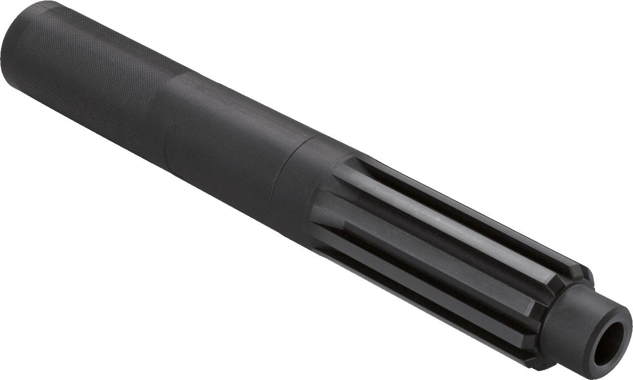 Ein schwarzes, zylindrisches Metallteil mit gerilltem Abschnitt, möglicherweise eine Achse oder ein Kupplungselement.