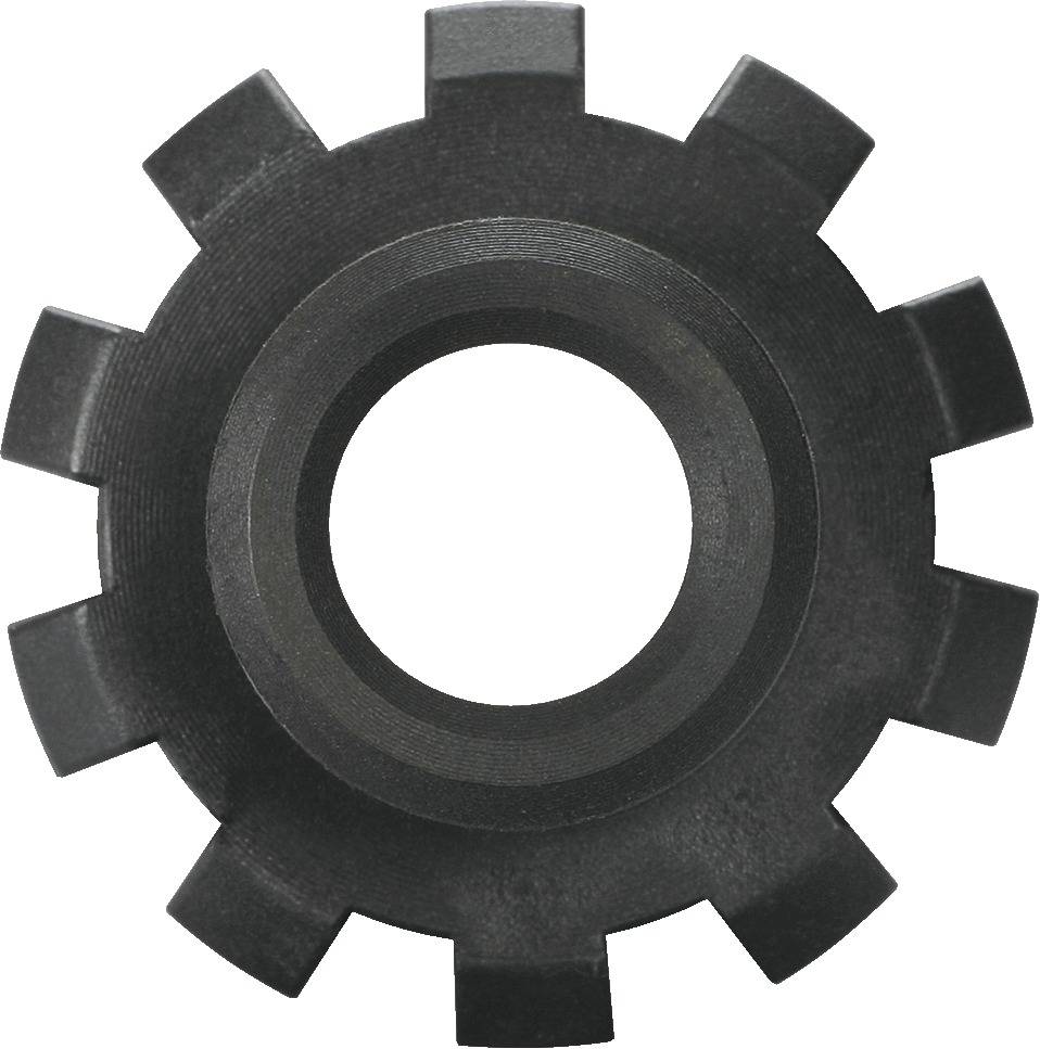 Ein siebenzahniges Metallzahnrad mit kreisförmigem Loch in der Mitte, vermutlich Teil eines mechanischen Geräts oder einer Maschine.