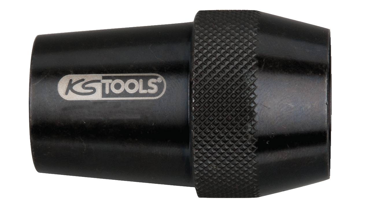 Ein schwarzes Werkzeug-Aufsatz von KS Tools, zylindrisch mit geriffeltem Griff, geeignet für präzise Handhabung in Werkstätten.