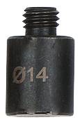 Schwarzer zylindrischer Adapter mit Gewinde, markiert mit 'Ø14'. Verwendet zum Anschließen von Geräten mit unterschiedlichem Durchmesser.