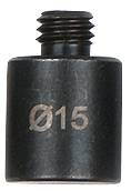 Schwarzes Bauteil mit eingravierter Aufschrift 'Ø15'. Oben ein gerändeltes Gewinde. Technisches Objekt, möglicherweise Teil eines größeren Systems.