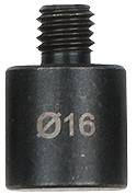 Ein schwarzer, zylindrischer Metalladapter mit der Aufschrift 'Ø16' und einem Schraubgewinde oben, wahrscheinlich für technische Anwendungen.