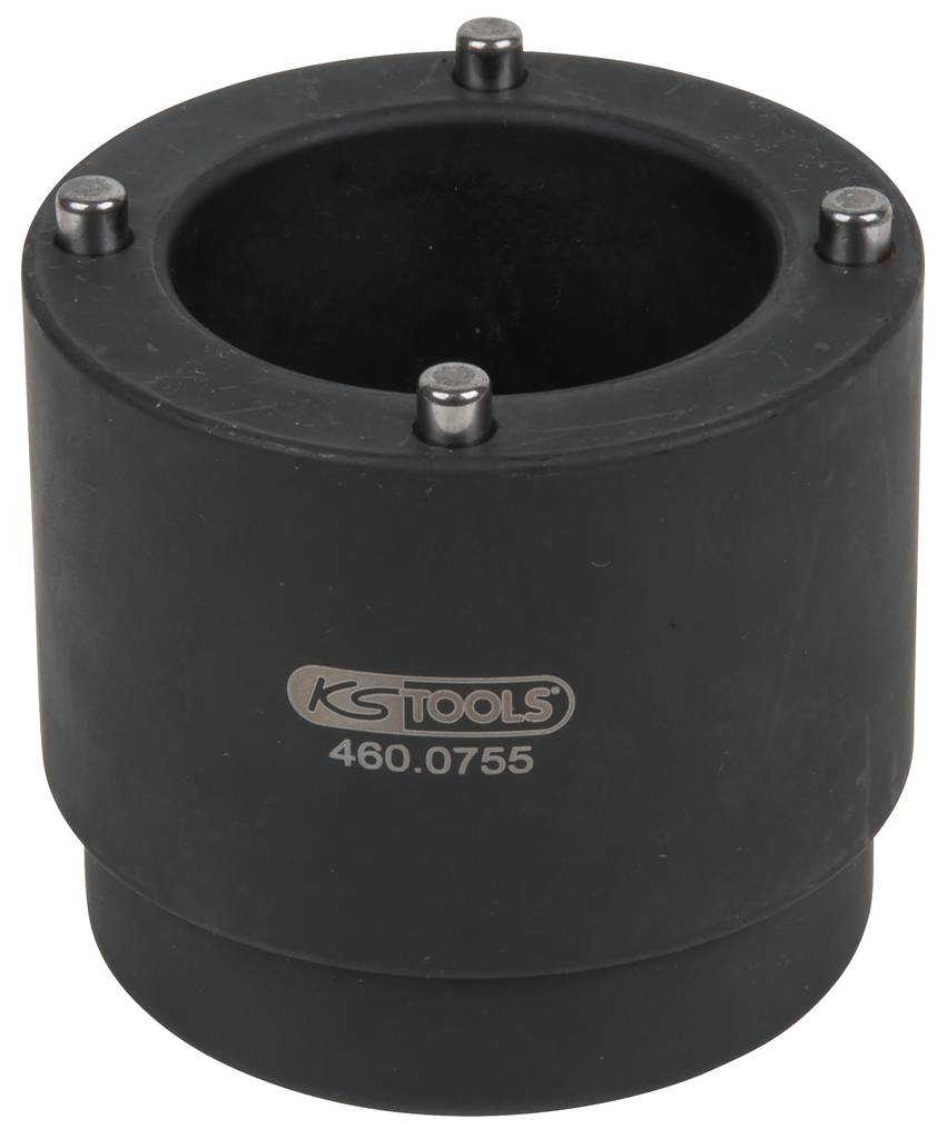 Schwarzes zylindrisches Werkzeug mit der Aufschrift 'KS Tools 460.0755'. Oben befinden sich vier kleine Metallstifte in symmetrischer Anordnung.