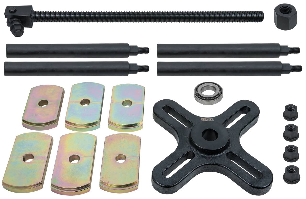 Mechanischer Abzieher-Satz mit Spindel, Verlängerungen, Spannbacken, Lager, Flansch und Muttern. Zur Demontage von Lagern geeignet.