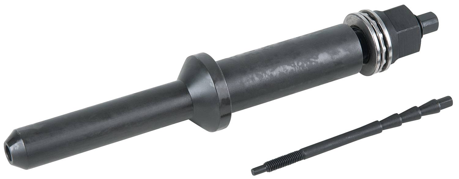 Ein schwarzes mechanisches Werkzeug mit einem zylindrischen Körper, einer größeren Schraubenmutter am Ende und einem kleineren ähnlichen Objekt daneben.