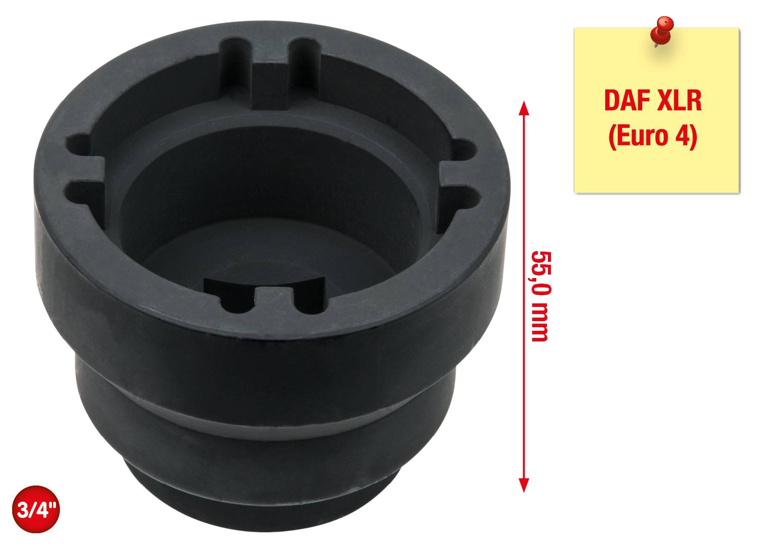 Schwarzes, zylindrisches Bauteil, 3/4 Zoll, Höhe 55 mm, mit Steckplatz zur Befestigung. Etikett: 'DAF XLR (Euro 4)'.