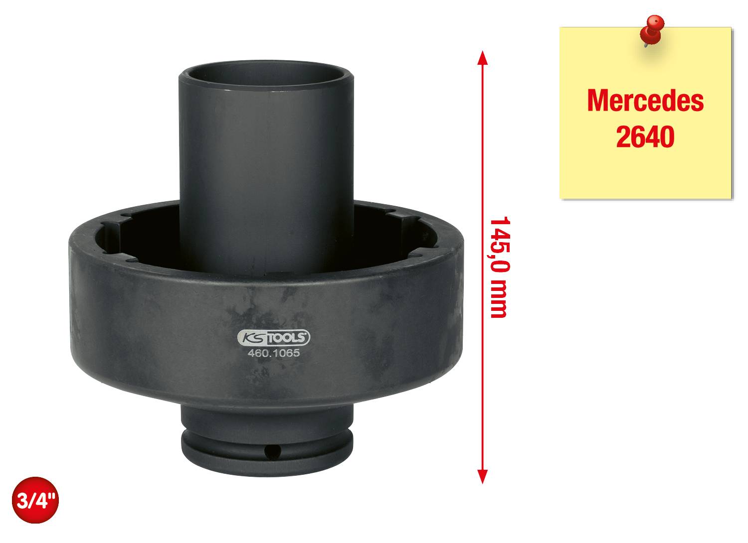 Ein 3/4 Zoll Werkzeug von KS Tools, Modellnummer 460.1065, mit einer Höhe von 145,0 mm, geeignet für Mercedes 2640 Anwendungen.