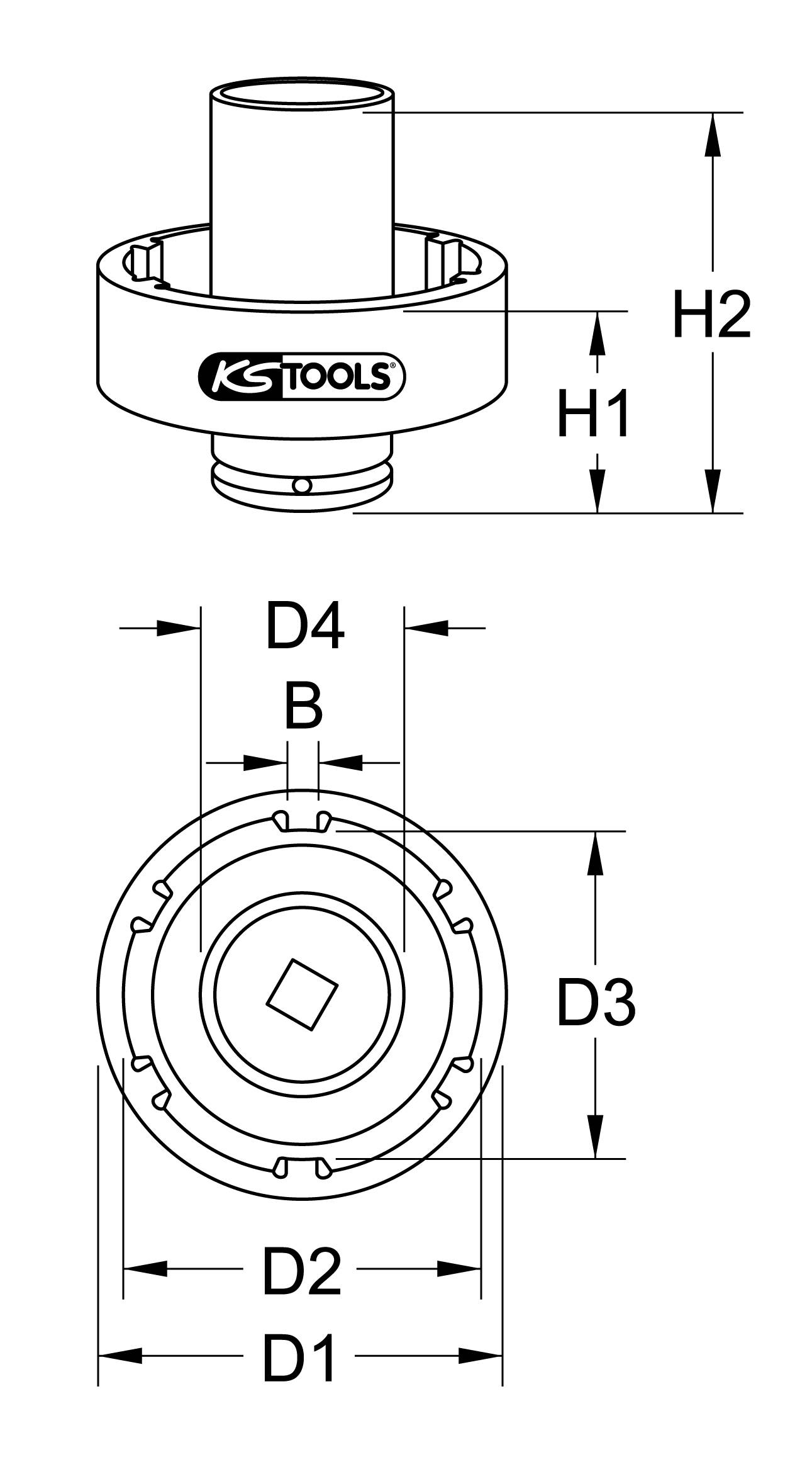 Technische Zeichnung eines Werkzeugs von KS Tools mit Höhen H1, H2 und Durchmessern D1-D4 markiert. Draufsicht und Seitenansicht.