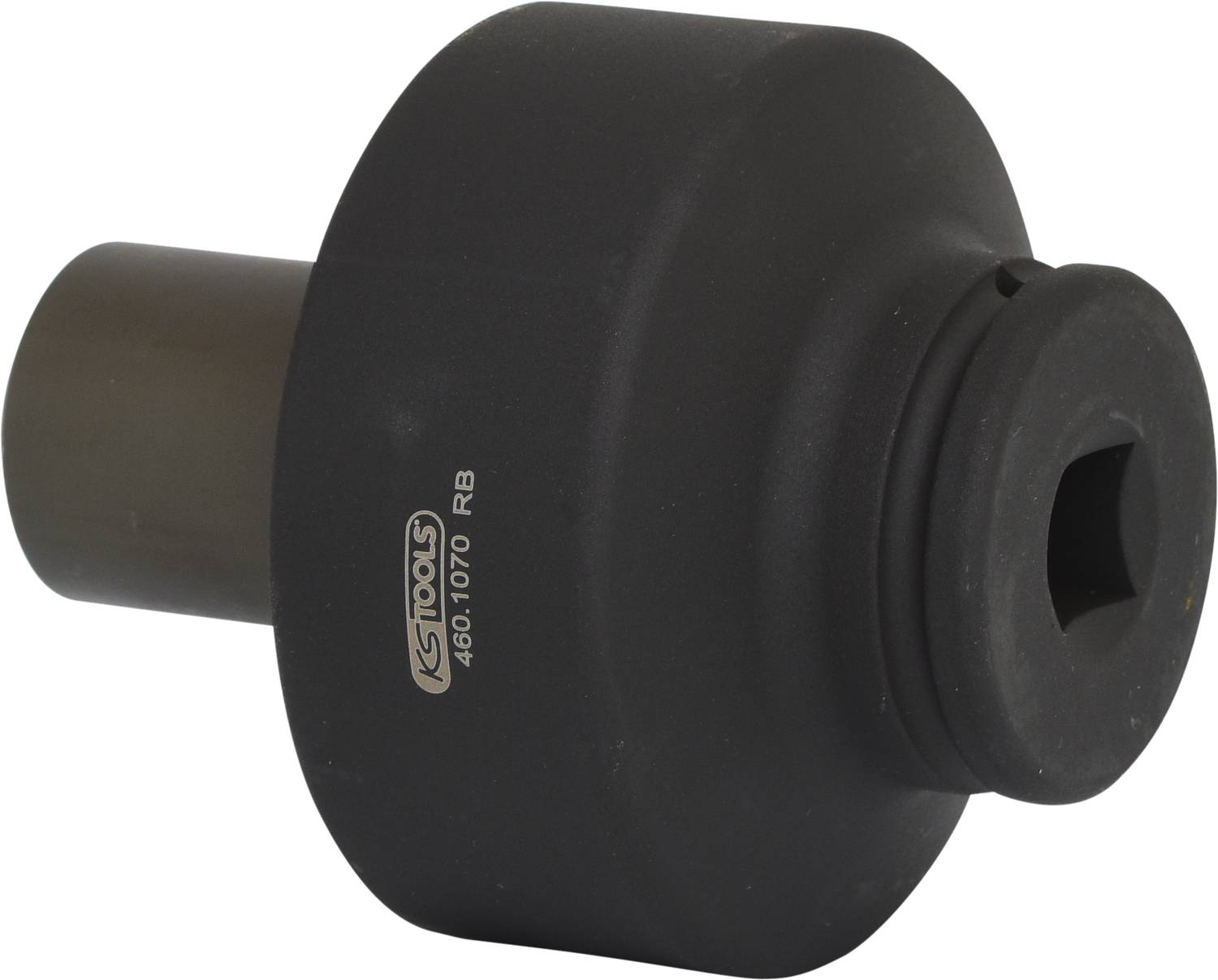 Ein schwarzes, zylindrisches Werkzeugadapter mit Seitenansicht. Aufschrift 'KS Tools 460.1070 RB'.