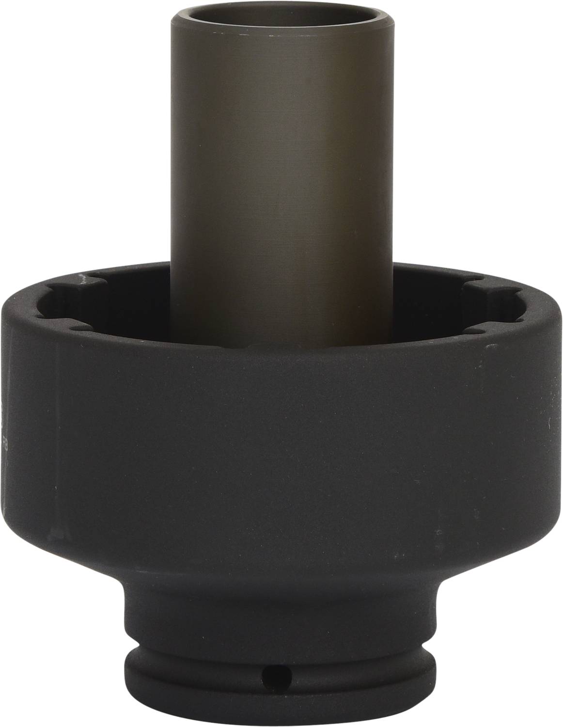 Ein zylindrischer, dunkelgrauer Metalladapter mit einer breiten Basis und einem schmaleren, aufragenden Rohr.