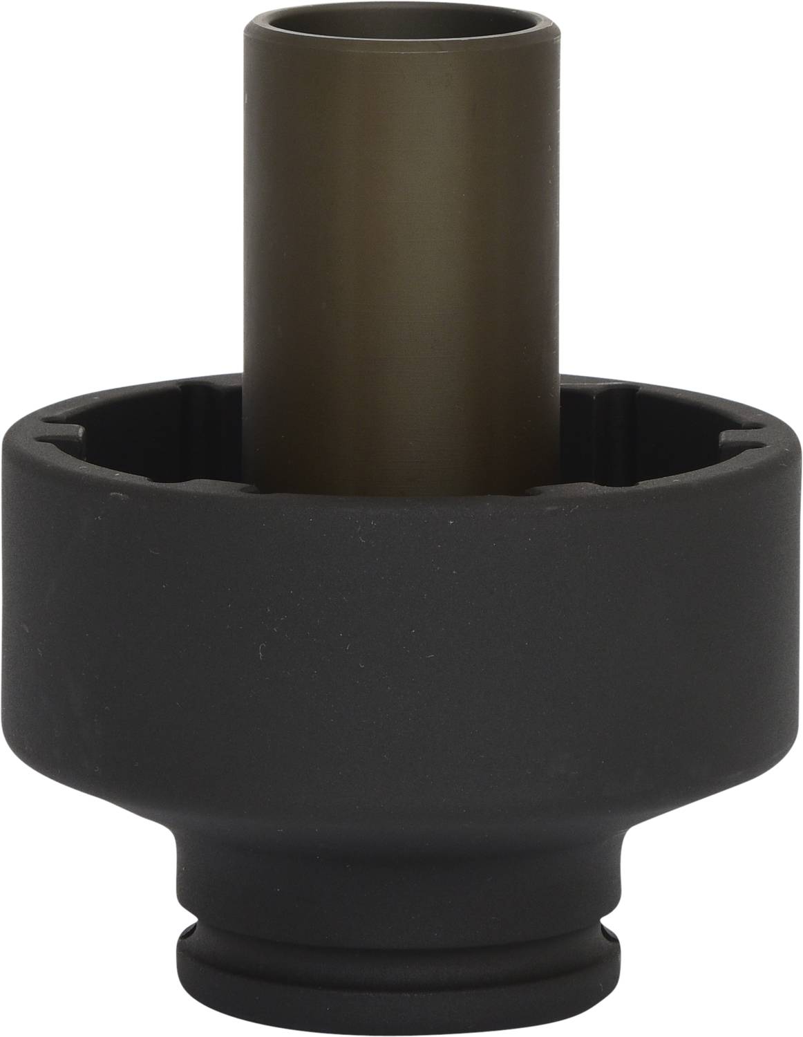 Ein schwarzes, zylindrisches Werkzeugteil mit einem hervorstehenden, bronzefarbenen, röhrenförmigen Abschnitt oben.