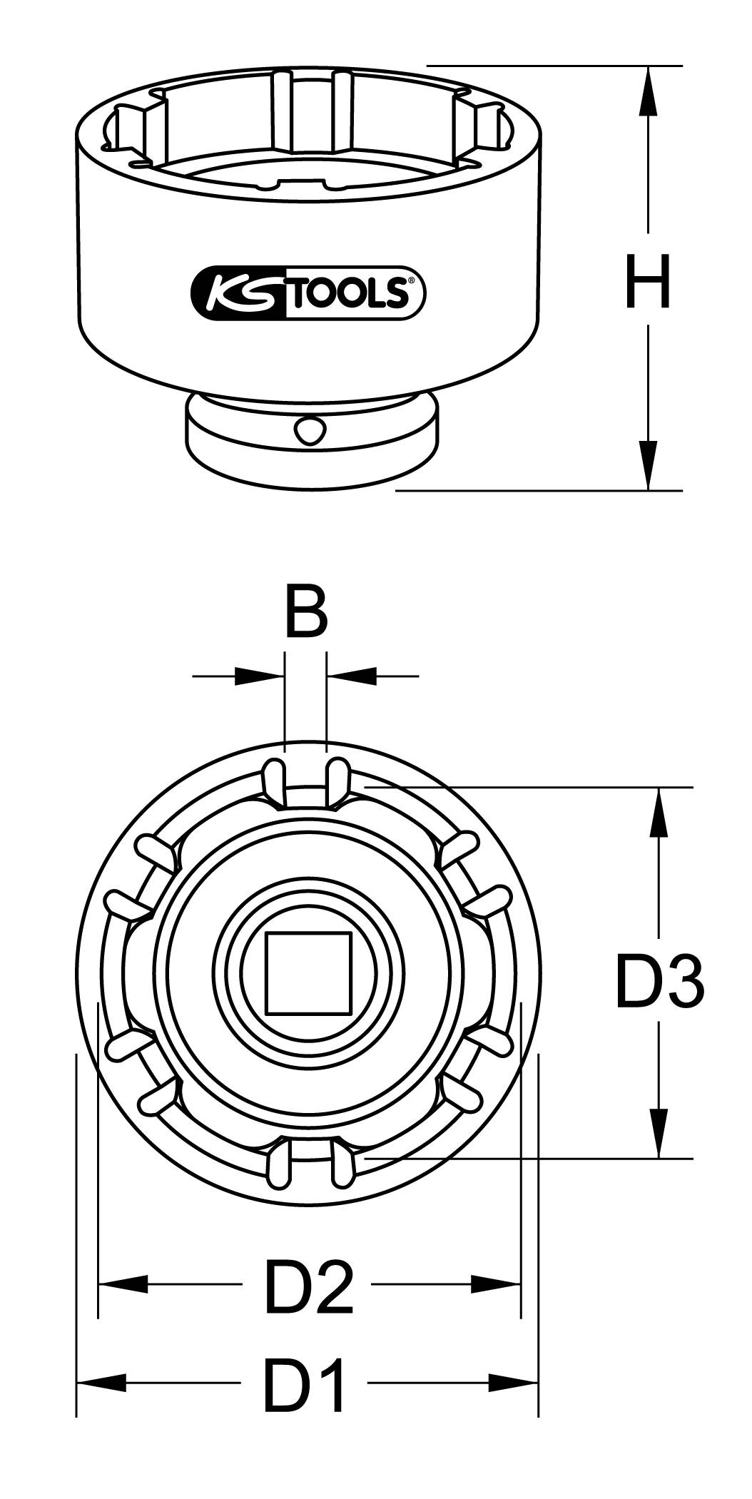 Technische Zeichnung eines Werkzeugs mit Maßen H, B, D1, D2, D3. Oben Seitenansicht, unten Draufsicht. Logo von KS Tools.