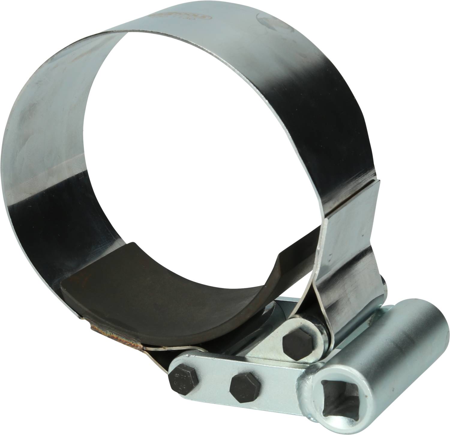Metallischer Ölfilter-Schlüssel. Silberne, gebogene Konstruktion mit Griff. Werkzeug zum Entfernen von Ölfiltern in Fahrzeugen.