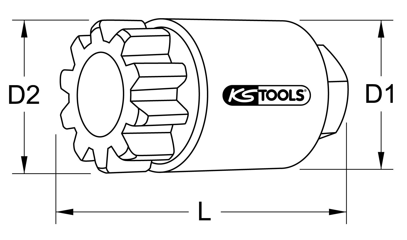 Ein technisches Diagramm eines Werkzeugs mit Zahnrädern und den Maßen D1, D2 und L. Das Logo 'KS TOOLS' ist aufgedruckt.