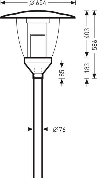 Technische Zeichnung einer Straßenlaterne mit Maßen: Gesamthöhe 1836 mm, Schirmdurchmesser 654 mm, Stangendurchmesser 76 mm.