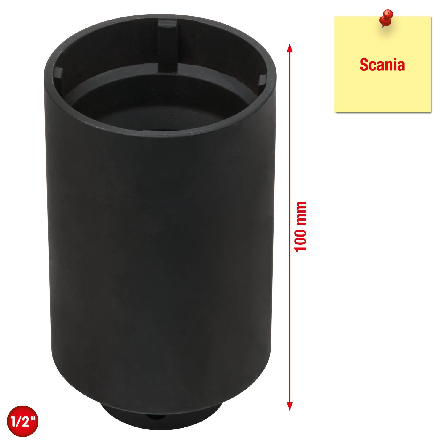 Schwarze zylindrische Kappe, 100 mm hoch, neben einer Notiz auf gelbem Hintergrund mit der Aufschrift 'Scania'. Unten: '1/2
