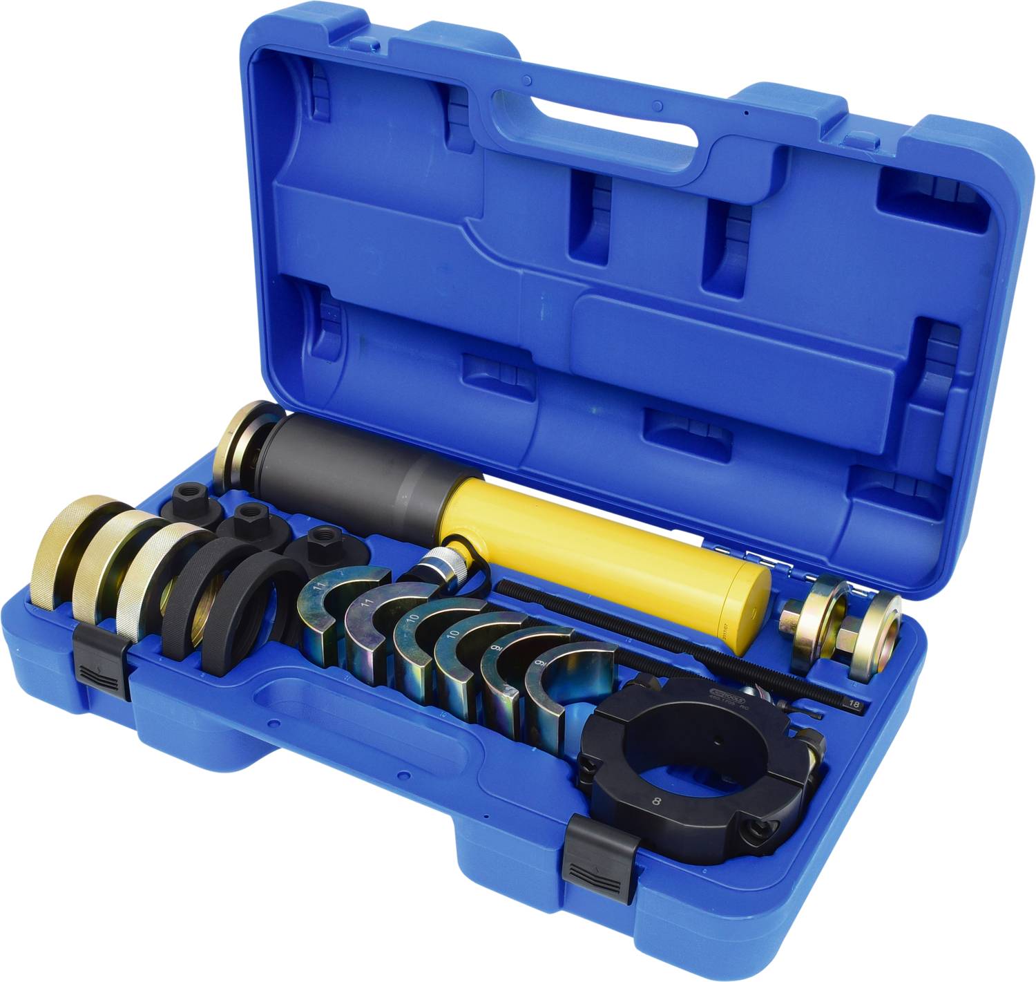 Ein blauer Werkzeugkoffer enthält ein gelbes hydraulisches Werkzeug und diverse Aufsätze, zur Reparatur oder Wartung von Fahrzeugen.