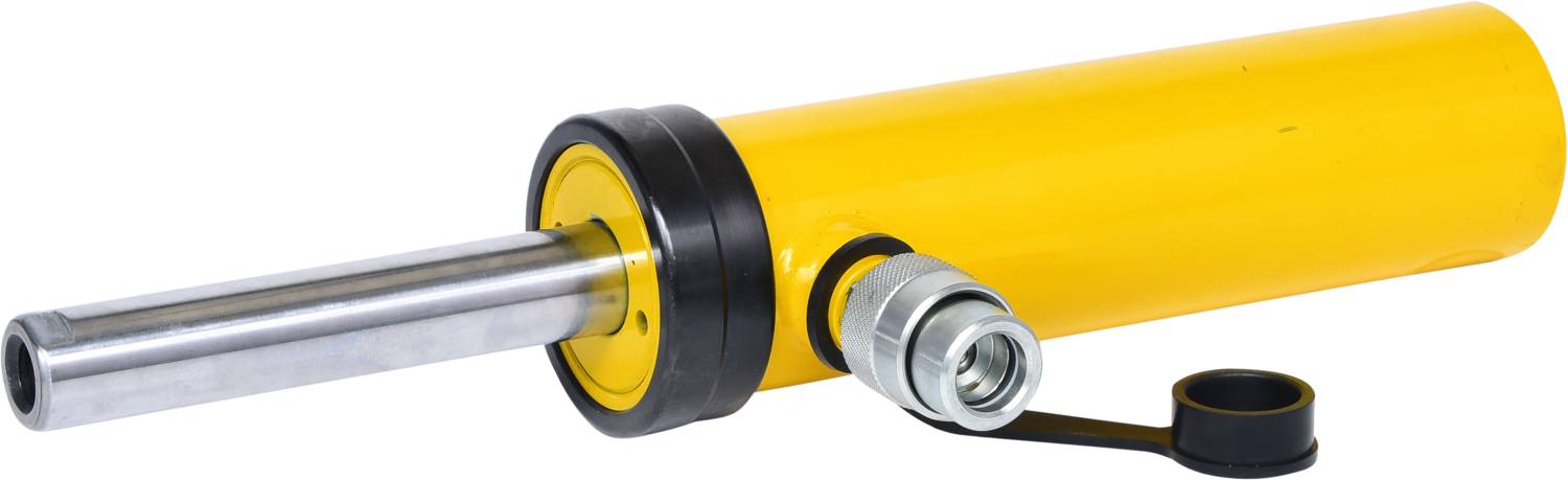 Hydraulikzylinder in gelber Lackierung mit einem silbernen Kolben und schwarzem Anschlussstück. Geeignet für industrielle Anwendungen.