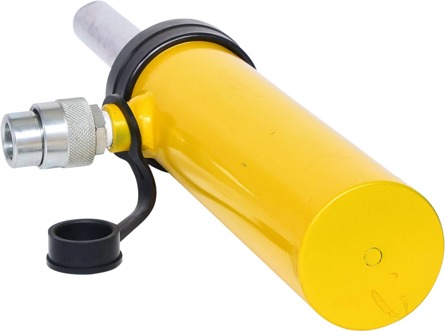 Gelber hydraulischer Zylinder mit schwarzem Schutzkappe und Metallanschluss, abgewinkelt nach rechts auf hellem Hintergrund.