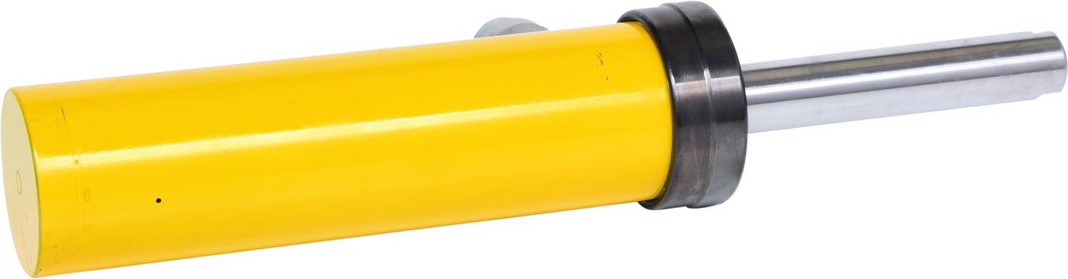 Gelber Hydraulikzylinder mit silbernem Kolben, liegt schräg nach rechts. Verwendet zur Umwandlung von Flüssigkeitsdruck in mechanische Bewegung.