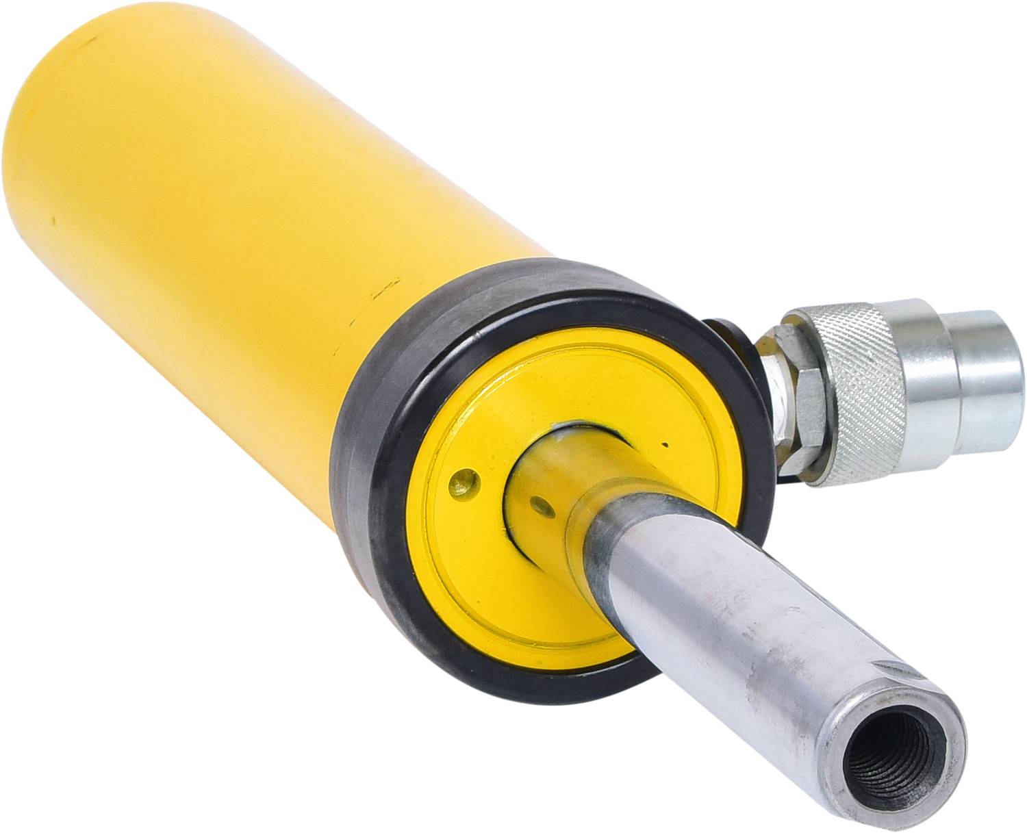 Gelber hydraulischer Zylinder mit Metallstange und Schlauchanschluss, vor einem weißen Hintergrund. Geeignet für industrielle Anwendungen.