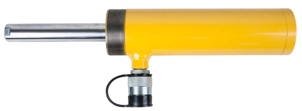 Ein gelber hydraulischer Zylinder mit einem silbernen Kolben, horizontal ausgerichtet, auf weißem Hintergrund.