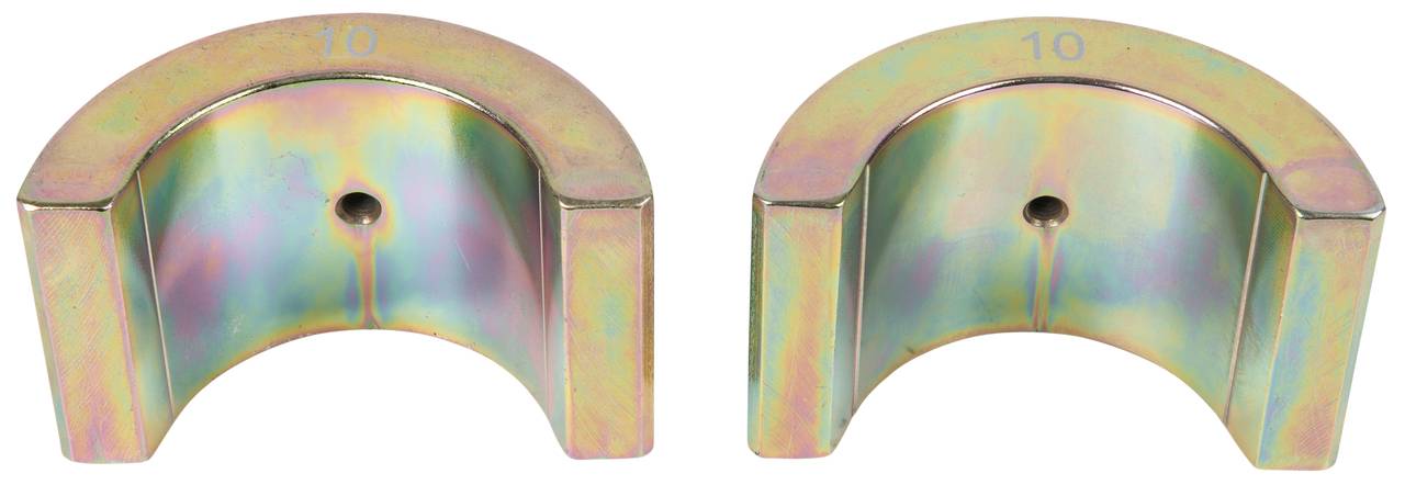 Zwei identische, metallische halbrunde Teile mit nummerischer Markierung '10' oben. Sie sind spiegelverkehrt nebeneinander angeordnet.