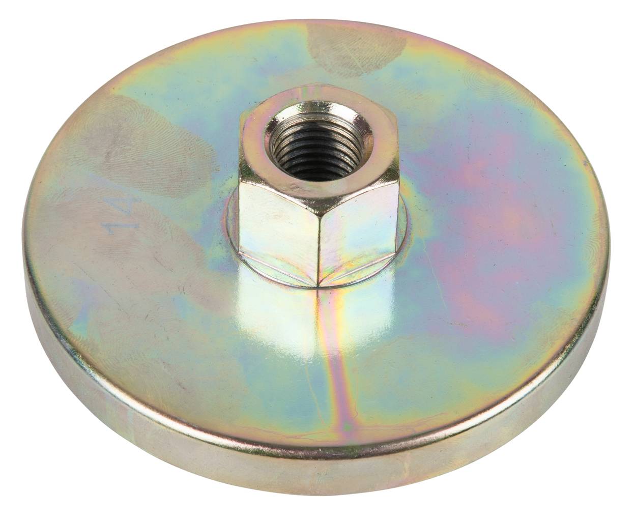 Metallscheibe mit sechseckiger Mutter in der Mitte, schillernde Oberfläche. Diese dient möglicherweise als Verschluss- oder Befestigungselement.