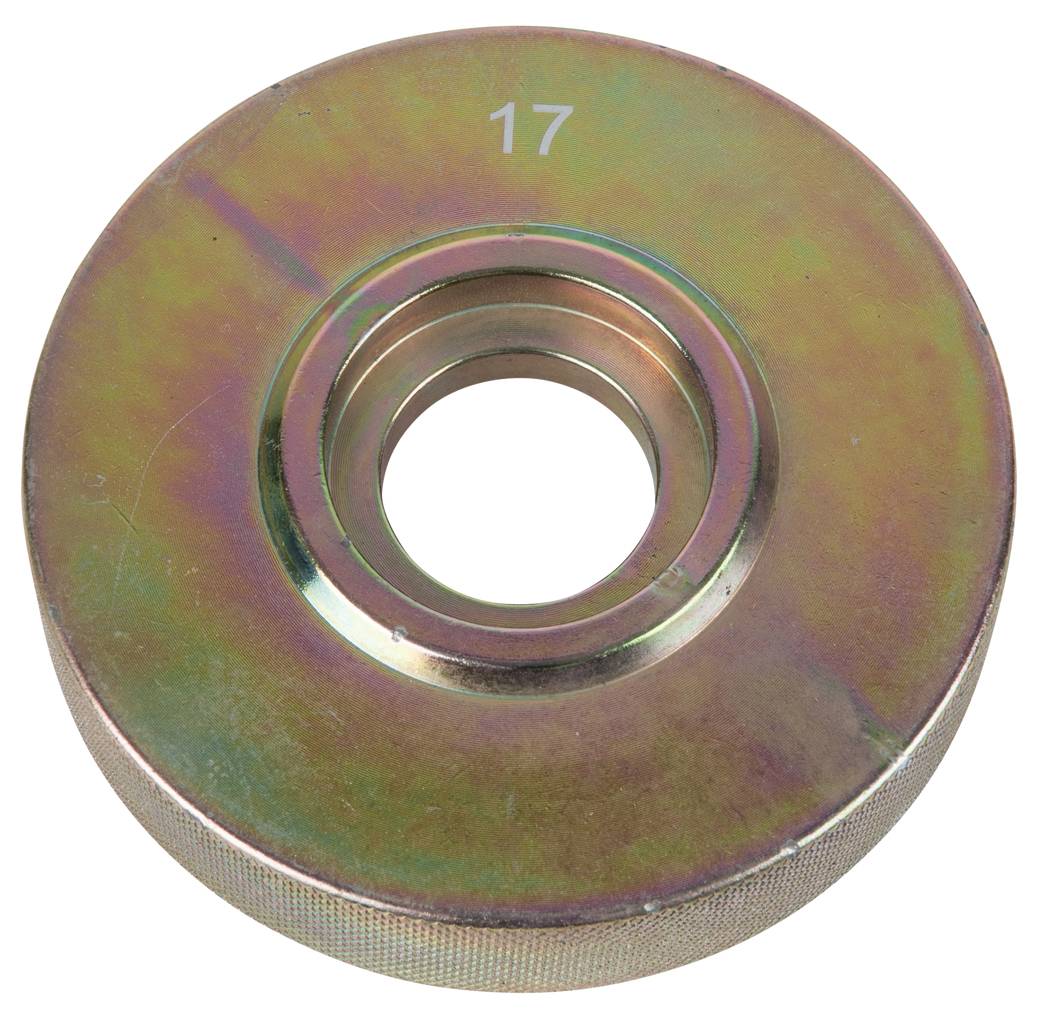 Rundes Metallgewicht mit der Aufschrift '17', zentralem Loch und buntschimmernder Oberfläche.