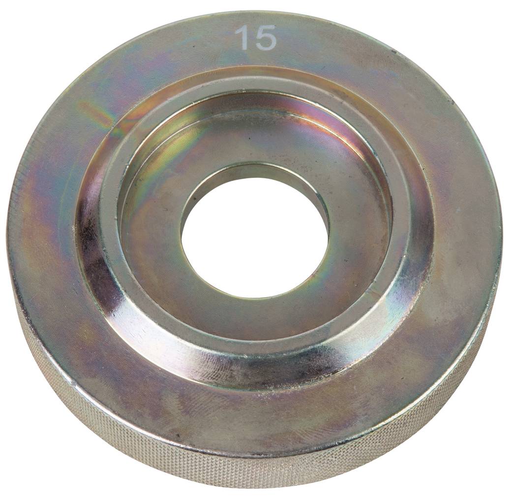 Eine silberne, scheibenförmige Metallgewicht mit der Zahl '15' eingeprägt, zeigt einen zentralen Loch für Befestigungszwecke.