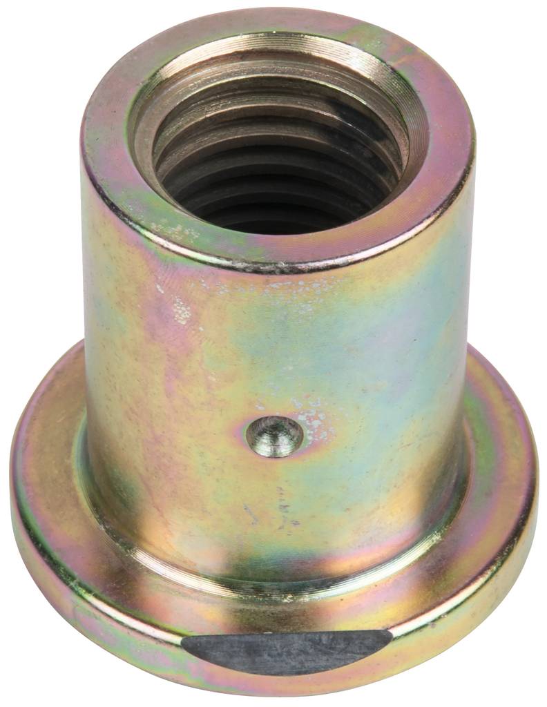 Zylindrische Metallbuchse mit Gewinde und zwei seitlichen Bohrungen zur Befestigung. Schimmernde, regenbogenartige Beschichtung.