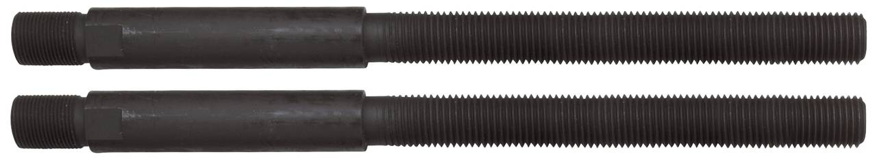 Zwei identische, schwarze Gewindespindeln nebeneinander, jeweils mit einem glatten Abschnitt und einem durchgehenden Gewinde.