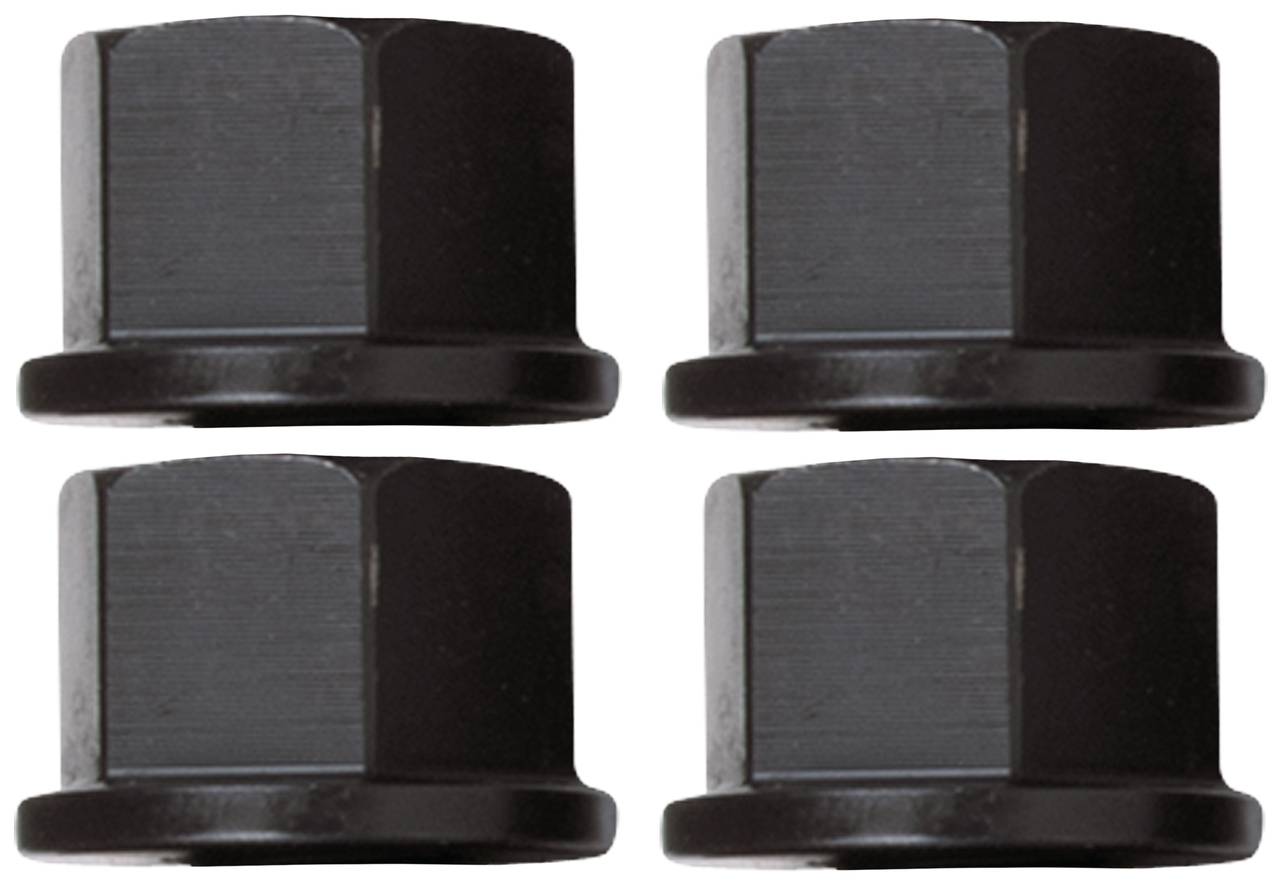 Vier schwarze Radmutternkappen in quadratischer Anordnung.