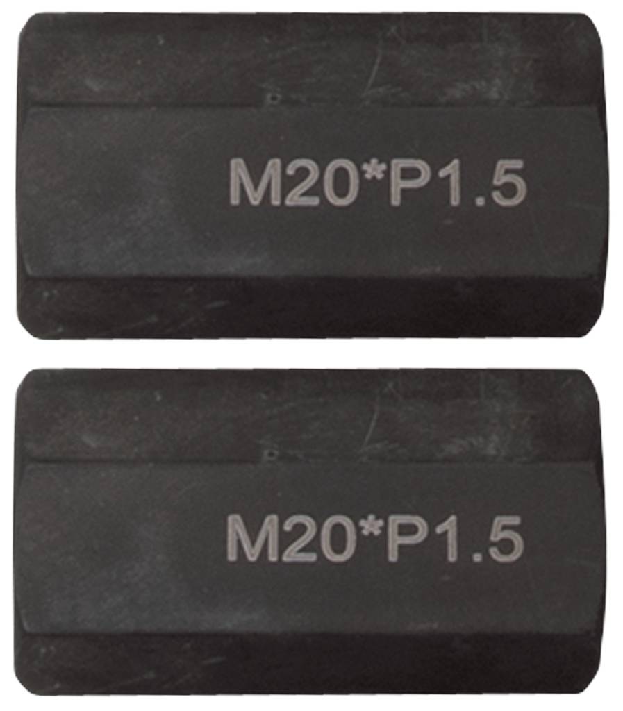 Zwei schwarze Kunststoffabdeckungen mit der Aufschrift 'M20*P1.5', übereinander angeordnet.用于保护电线终端的盖子。