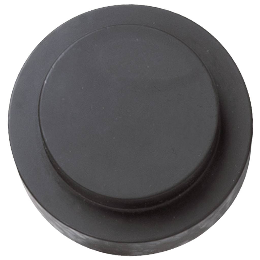 Ein schwarzer Eishockeypuck mit runder, flacher Form auf weißem Hintergrund.