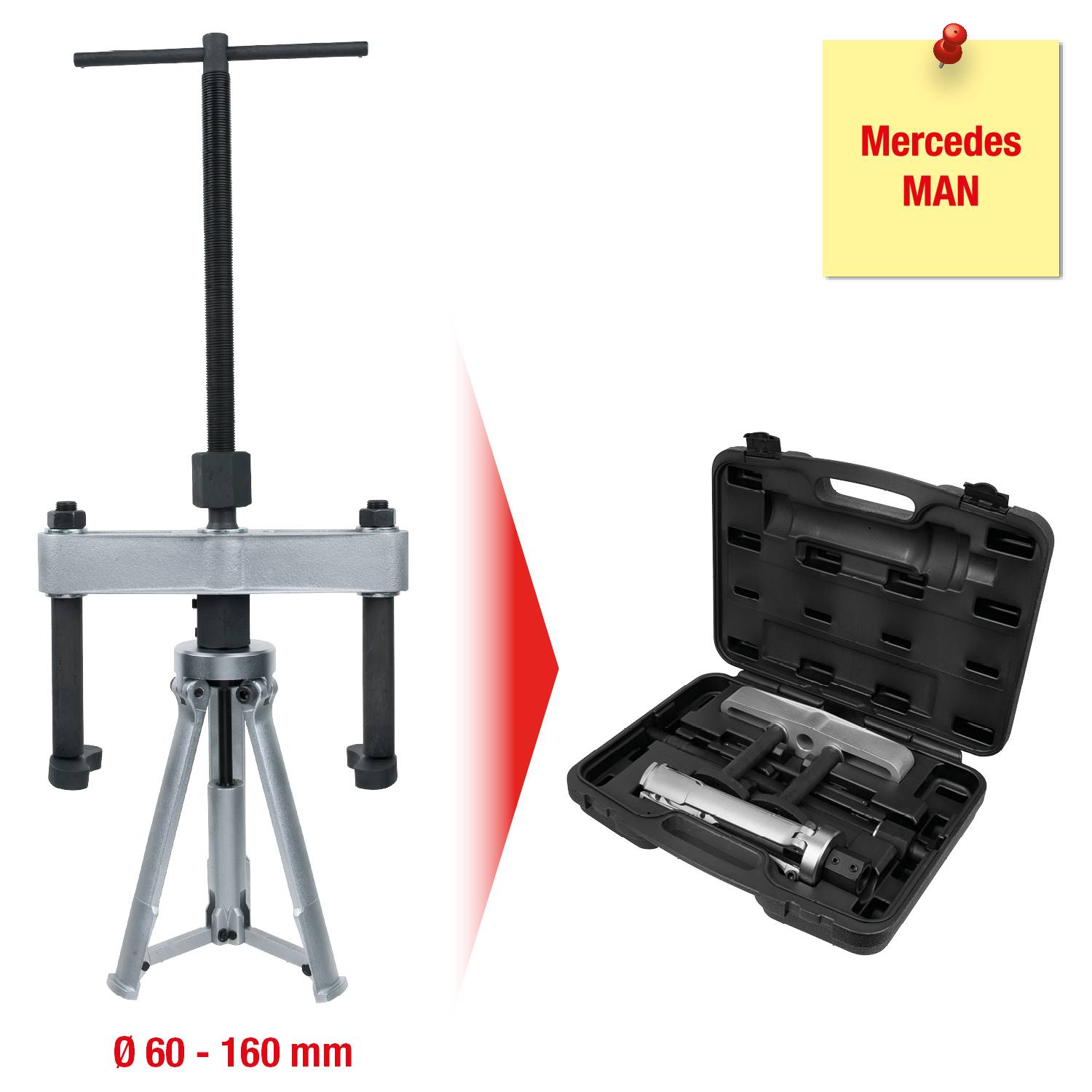 Dreiarmiger Abzieher (Ø 60 - 160 mm) mit T-Griff und Koffer. Geeignet für Mercedes und MAN. Enthält Zubehör in einem schwarzen Koffer.