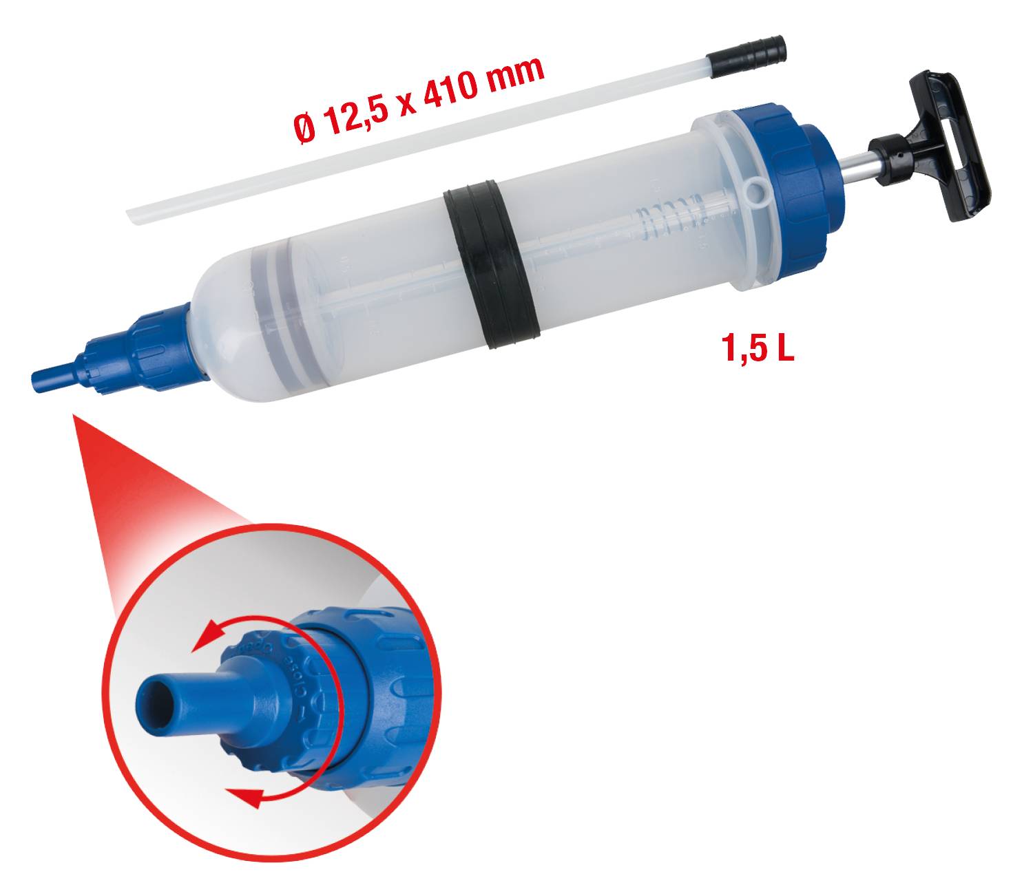 Ölabsaugpumpe mit 1,5 L Fassungsvermögen und Ø 12,5 x 410 mm Größe. Hinweis auf Rotationsmechanismus der Düse.