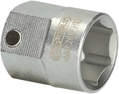 Metallische Stecknuss mit sechseckiger Öffnung und geriffelter Oberseite, verwendet für Schraubverbindungen.