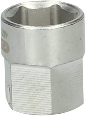 Eine silberne Sechskant-Stecknuss, zylinderförmig, mit geriffeltem Griffbereich für bessere Griffigkeit.