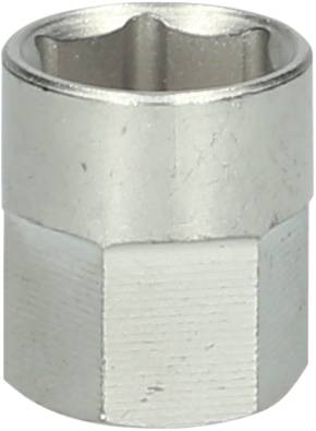 Metallische Stecknuss, zylindrisch mit sechseckiger Öffnung, geeignet zum Festziehen oder Lösen von Schrauben oder Muttern.